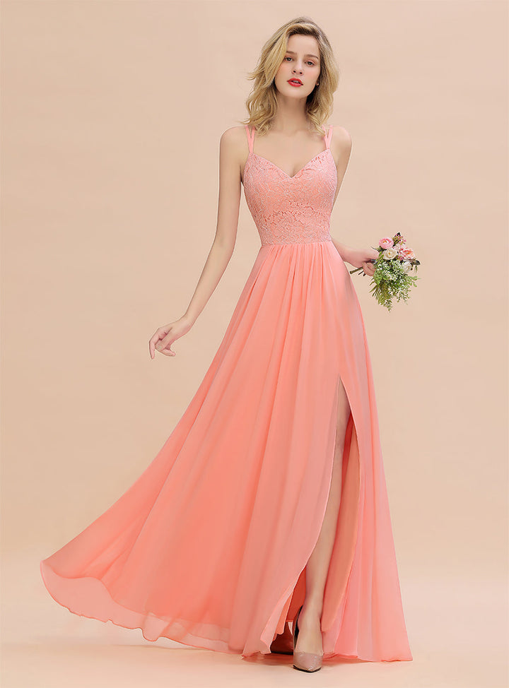 A-Line Spaghetti-Straps Sleeveless Slit Floor-Length Dress-koscy