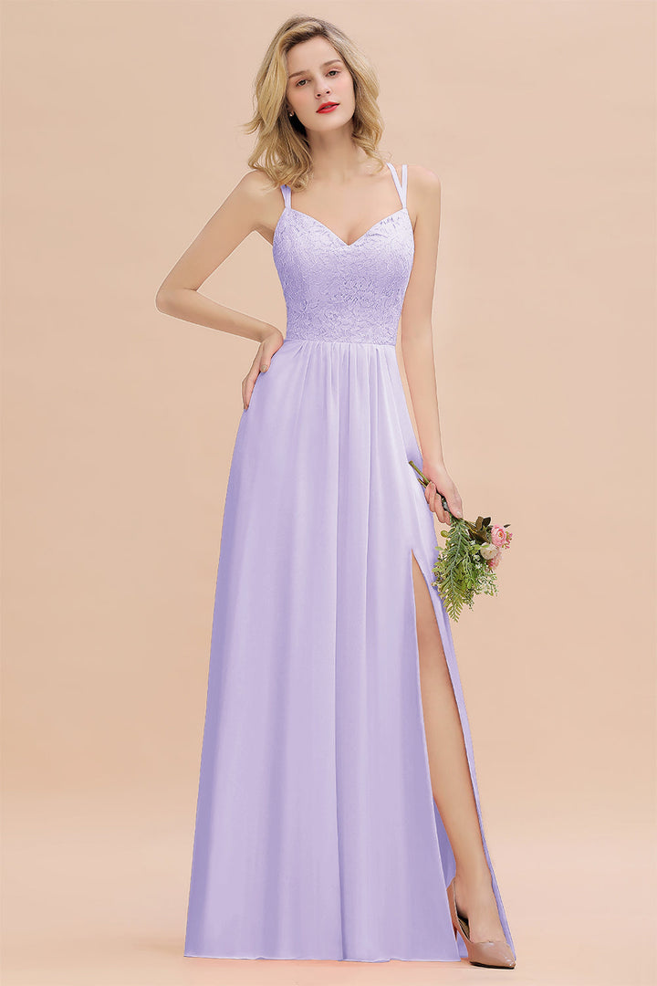 A-Line Spaghetti-Straps Sleeveless Slit Floor-Length Dress-koscy