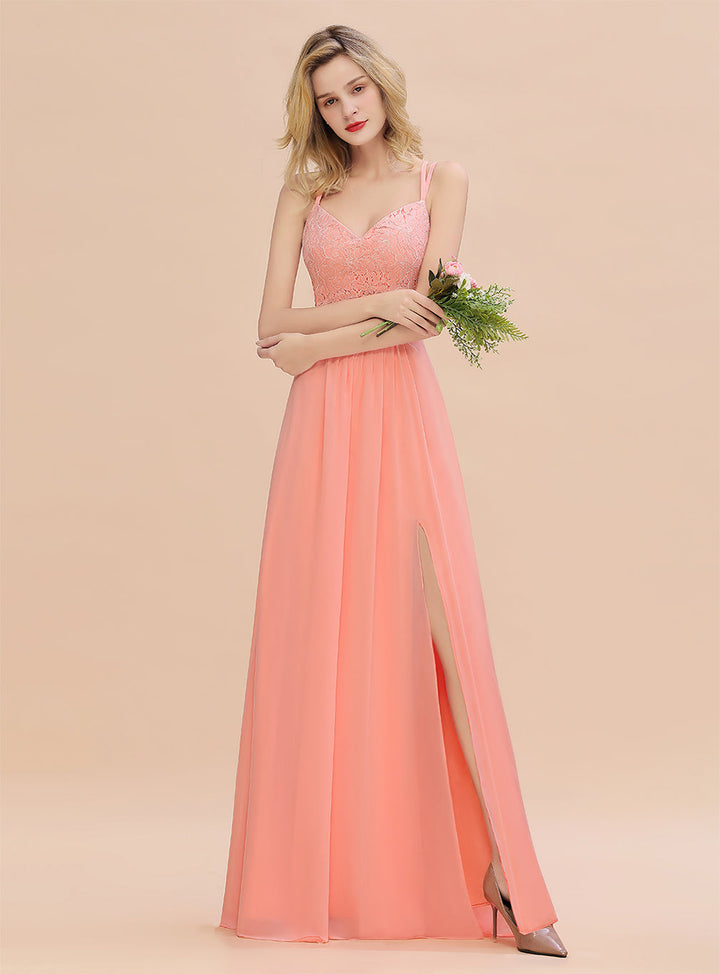 A-Line Spaghetti-Straps Sleeveless Slit Floor-Length Dress-koscy