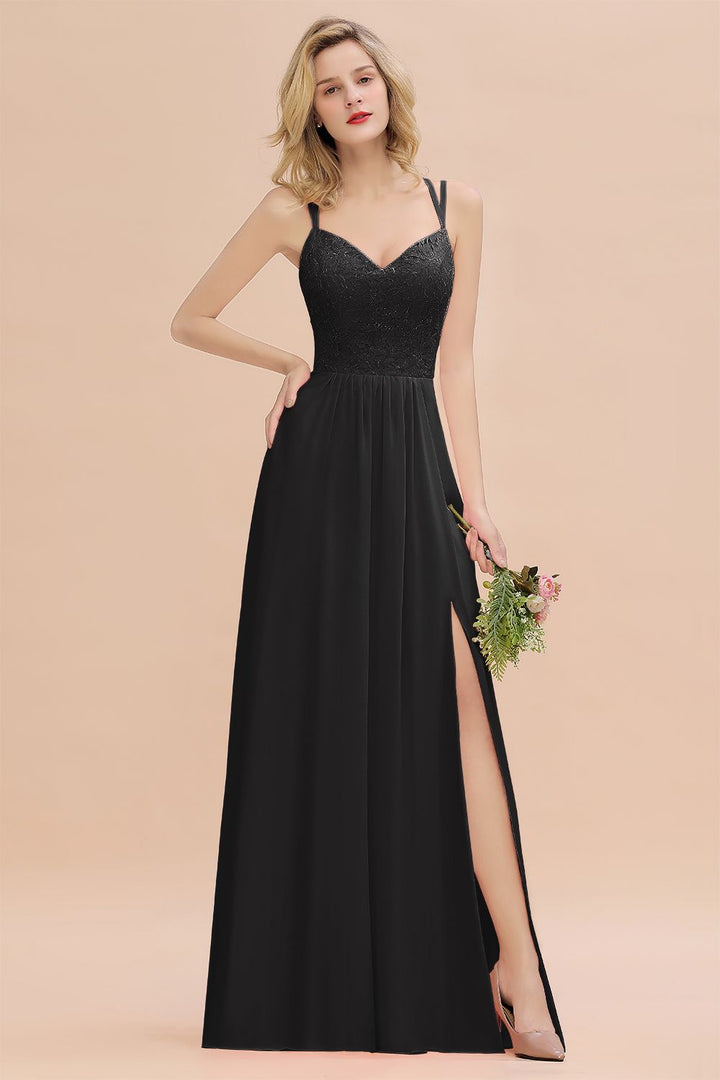 A-Line Spaghetti-Straps Sleeveless Slit Floor-Length Dress-koscy