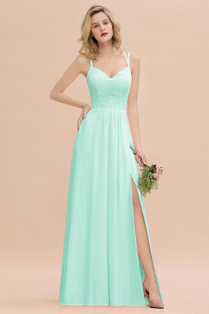 A-Line Spaghetti-Straps Sleeveless Slit Floor-Length Dress-koscy