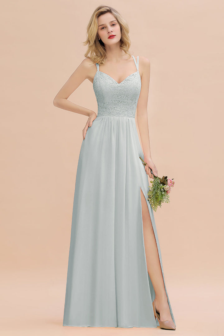 A-Line Spaghetti-Straps Sleeveless Slit Floor-Length Dress-koscy