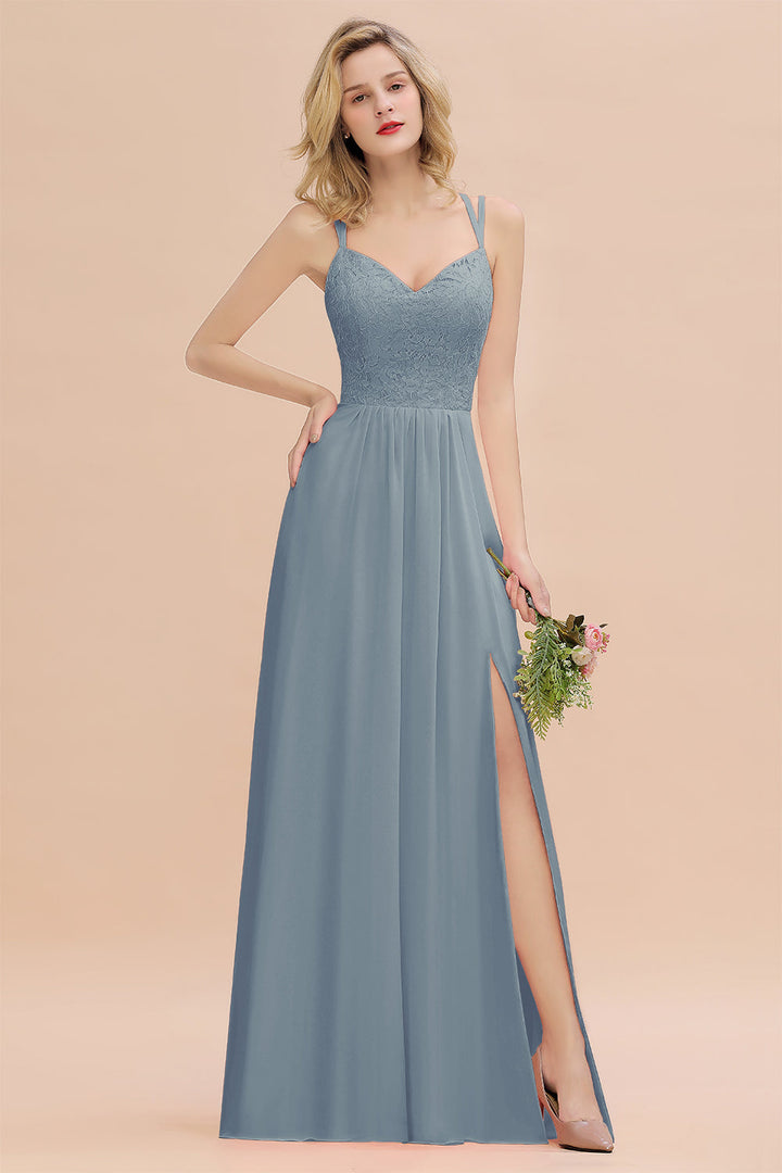 A-Line Spaghetti-Straps Sleeveless Slit Floor-Length Dress-koscy