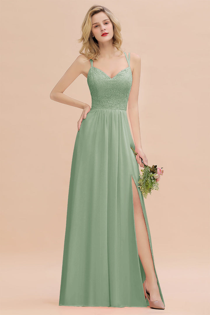 A-Line Spaghetti-Straps Sleeveless Slit Floor-Length Dress-koscy