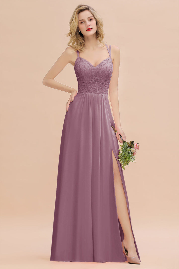 A-Line Spaghetti-Straps Sleeveless Slit Floor-Length Dress-koscy