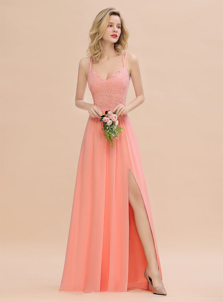 A-Line Spaghetti-Straps Sleeveless Slit Floor-Length Dress-koscy