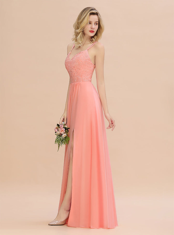 A-Line Spaghetti-Straps Sleeveless Slit Floor-Length Dress-koscy