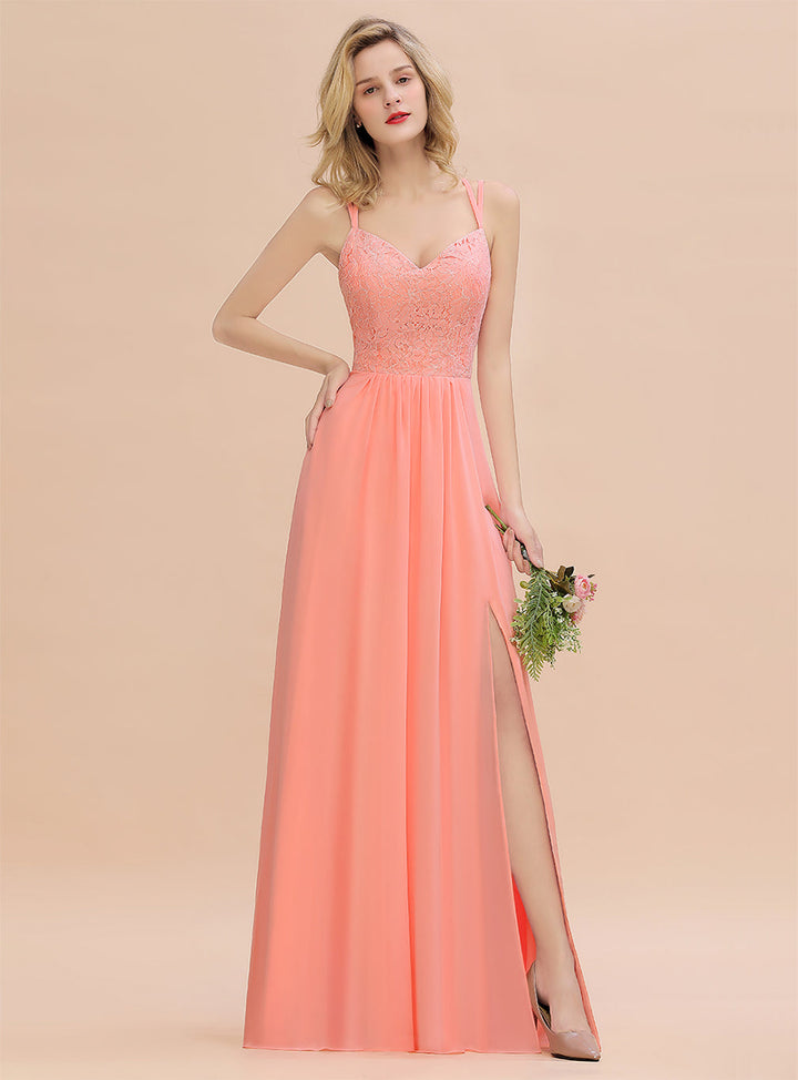 A-Line Spaghetti-Straps Sleeveless Slit Floor-Length Dress-koscy