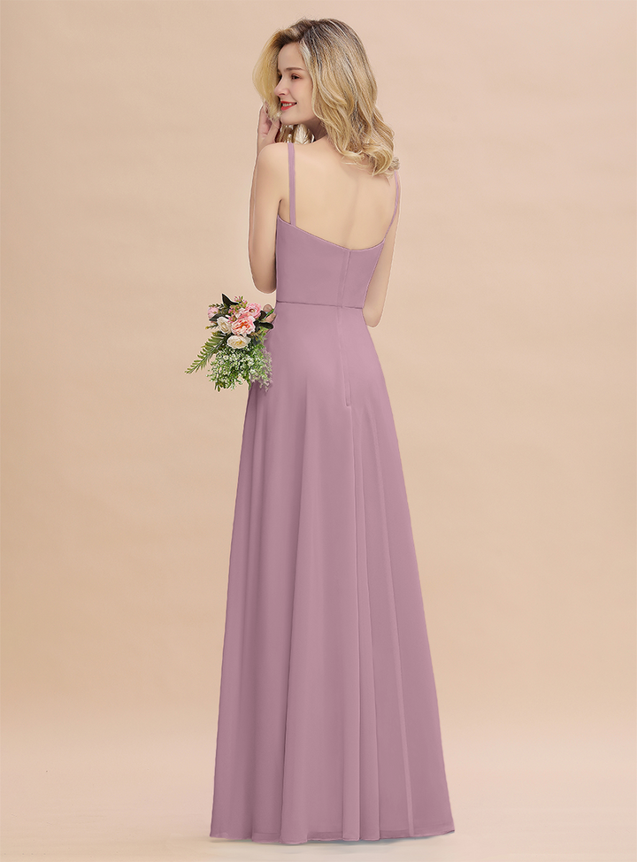 A-Line Spaghetti-Straps Slit Chiffon Floor-Length Dress-koscy