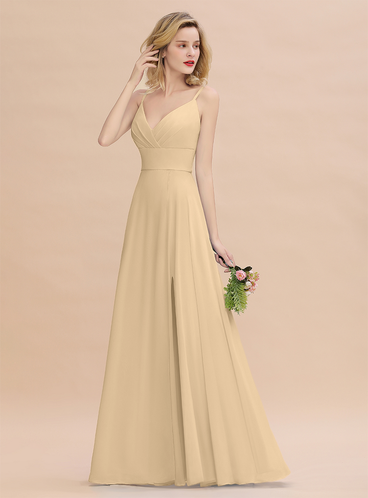 A-Line Spaghetti-Straps Slit Chiffon Floor-Length Dress-koscy