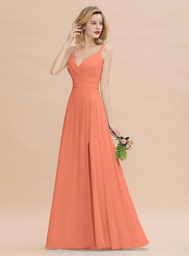 A-Line Spaghetti-Straps Slit Chiffon Floor-Length Dress-koscy