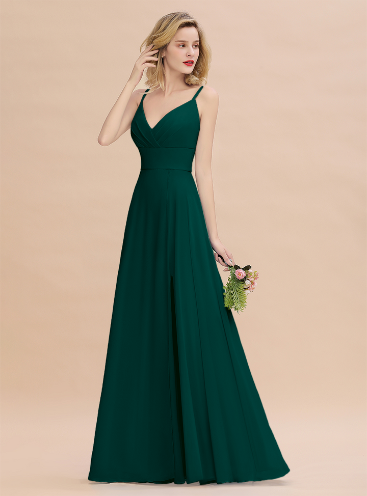 A-Line Spaghetti-Straps Slit Chiffon Floor-Length Dress-koscy