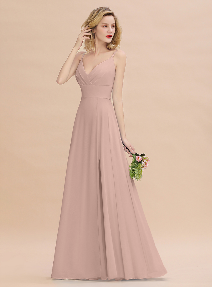 A-Line Spaghetti-Straps Slit Chiffon Floor-Length Dress-koscy