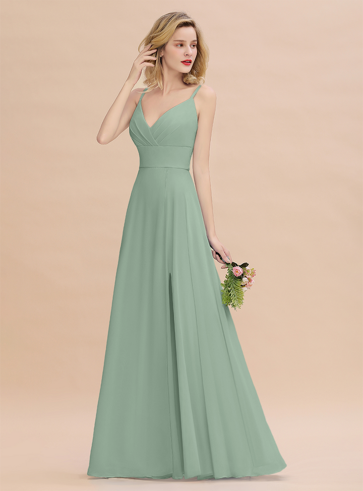 A-Line Spaghetti-Straps Slit Chiffon Floor-Length Dress-koscy