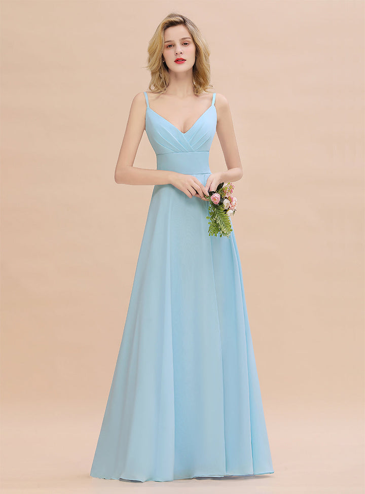 A-Line Spaghetti-Straps Slit Chiffon Floor-Length Dress-koscy