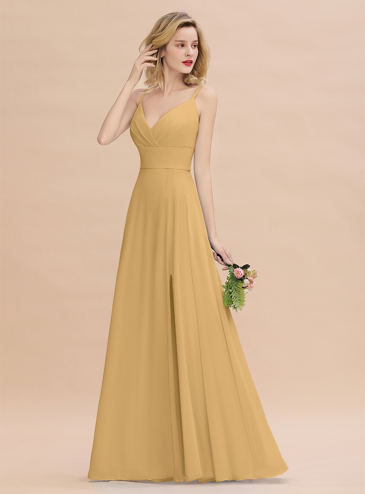 A-Line Spaghetti-Straps Slit Chiffon Floor-Length Dress-koscy