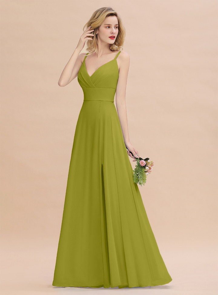 A-Line Spaghetti-Straps Slit Chiffon Floor-Length Dress-koscy