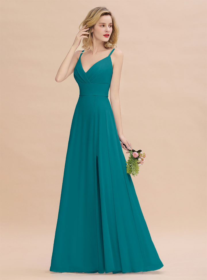 A-Line Spaghetti-Straps Slit Chiffon Floor-Length Dress-koscy