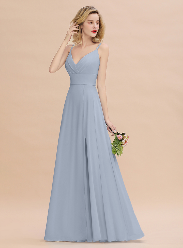 A-Line Spaghetti-Straps Slit Chiffon Floor-Length Dress-koscy