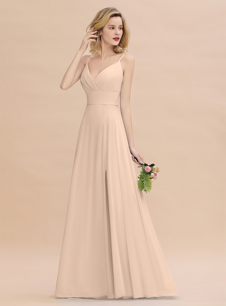 A-Line Spaghetti-Straps Slit Chiffon Floor-Length Dress-koscy