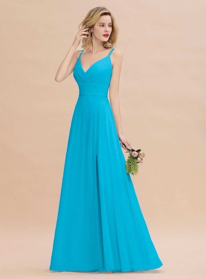 A-Line Spaghetti-Straps Slit Chiffon Floor-Length Dress-koscy