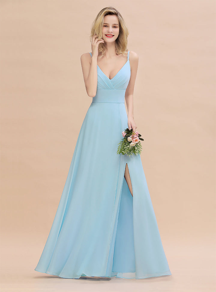 A-Line Spaghetti-Straps Slit Chiffon Floor-Length Dress-koscy