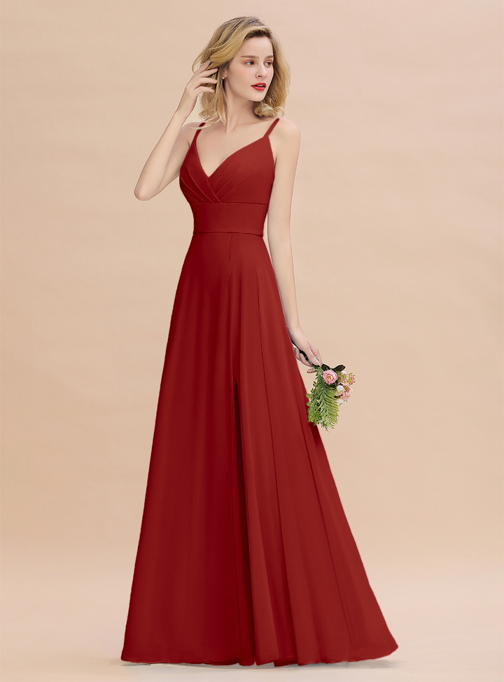 A-Line Spaghetti-Straps Slit Chiffon Floor-Length Dress-koscy