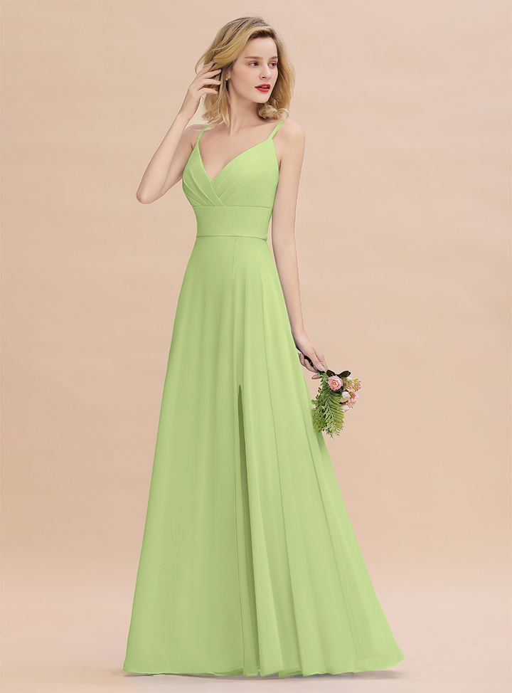 A-Line Spaghetti-Straps Slit Chiffon Floor-Length Dress-koscy