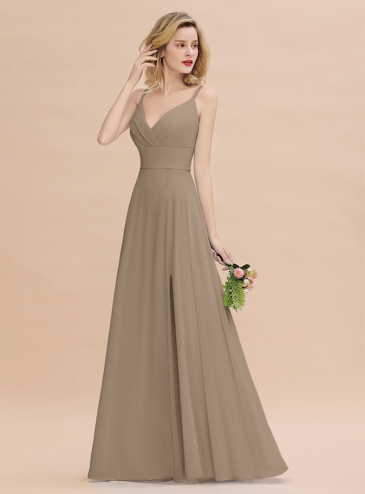 A-Line Spaghetti-Straps Slit Chiffon Floor-Length Dress-koscy