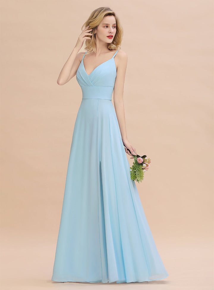 A-Line Spaghetti-Straps Slit Chiffon Floor-Length Dress-koscy