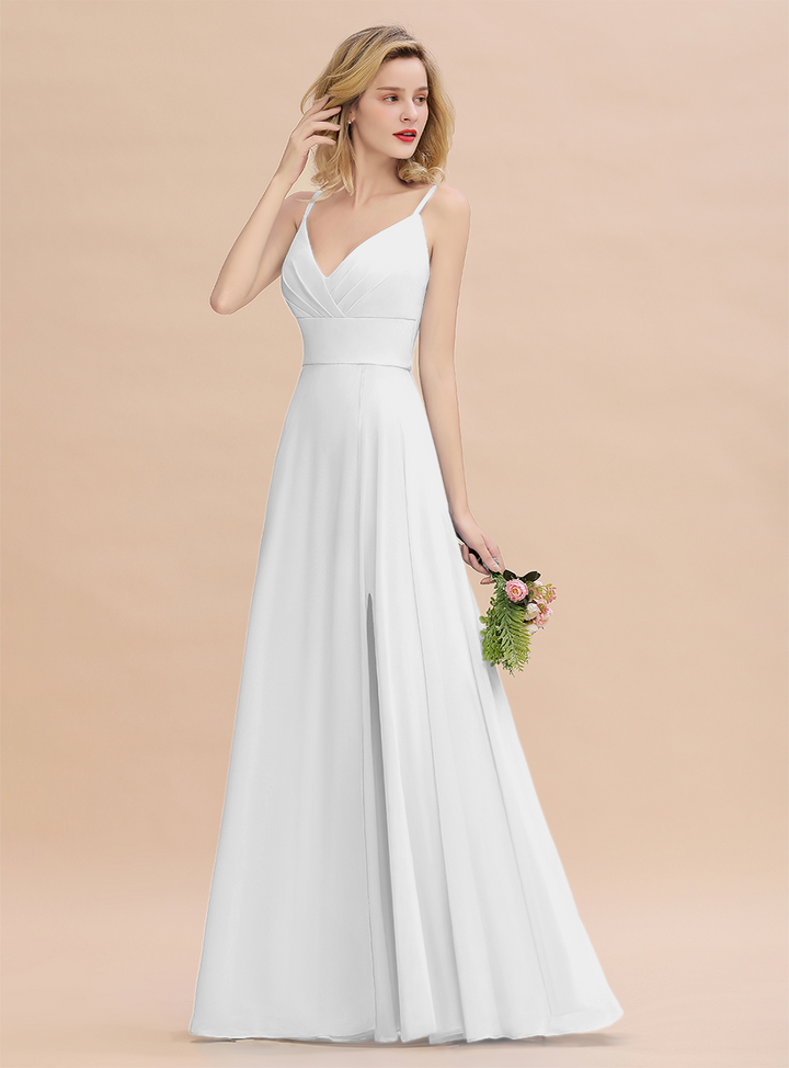 A-Line Spaghetti-Straps Slit Chiffon Floor-Length Dress-koscy