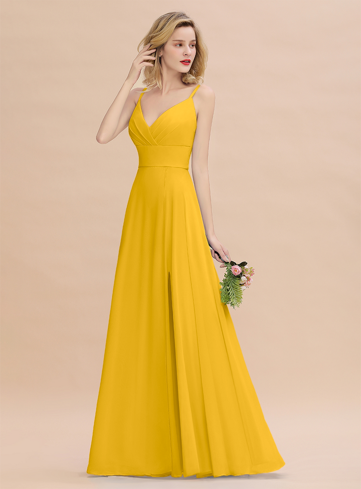 A-Line Spaghetti-Straps Slit Chiffon Floor-Length Dress-koscy