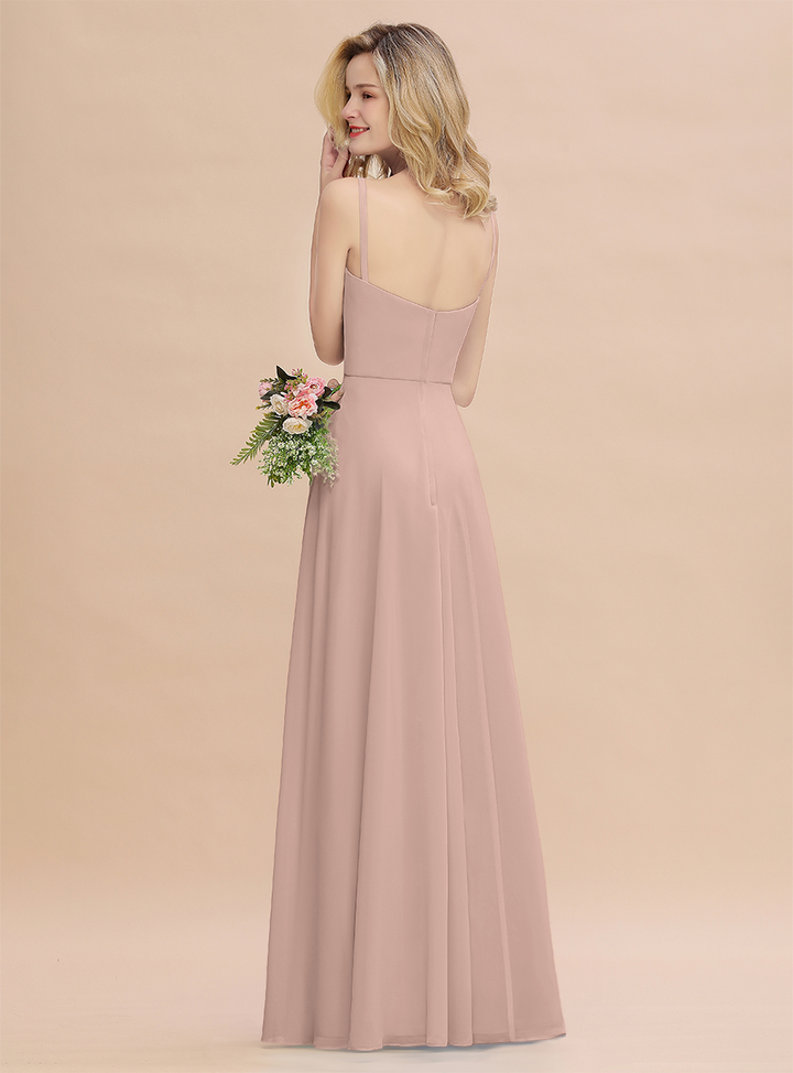 A-Line Spaghetti-Straps Slit Chiffon Floor-Length Dress-koscy