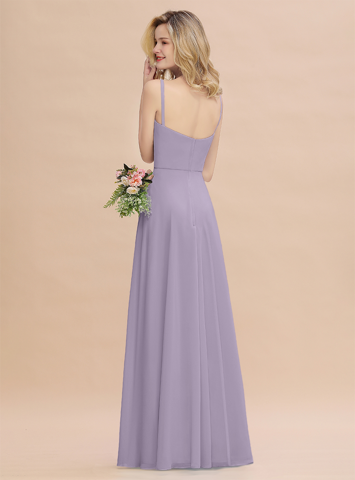 A-Line Spaghetti-Straps Slit Chiffon Floor-Length Dress-koscy