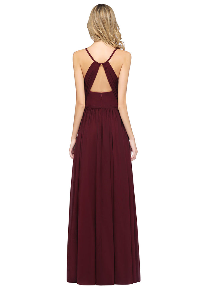 A-line Spaghetti Straps V-Neck Pleated Chiffon Floor-Length Dress Burgundy-koscy