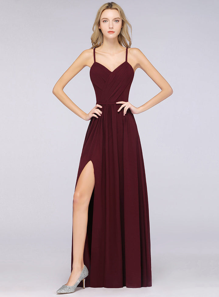 A-line Spaghetti Straps V-Neck Pleated Chiffon Floor-Length Dress Burgundy-koscy