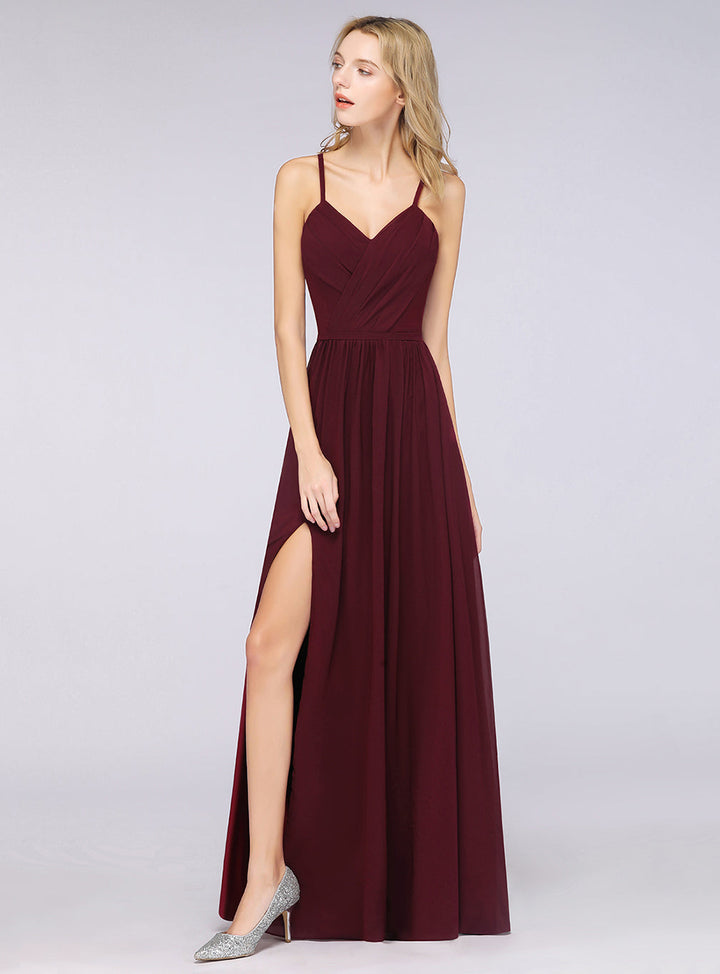 A-line Spaghetti Straps V-Neck Pleated Chiffon Floor-Length Dress Burgundy-koscy