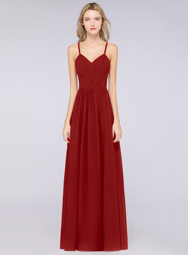 A-line Spaghetti Straps V-Neck Pleated Chiffon Floor-Length Dress Burgundy-koscy