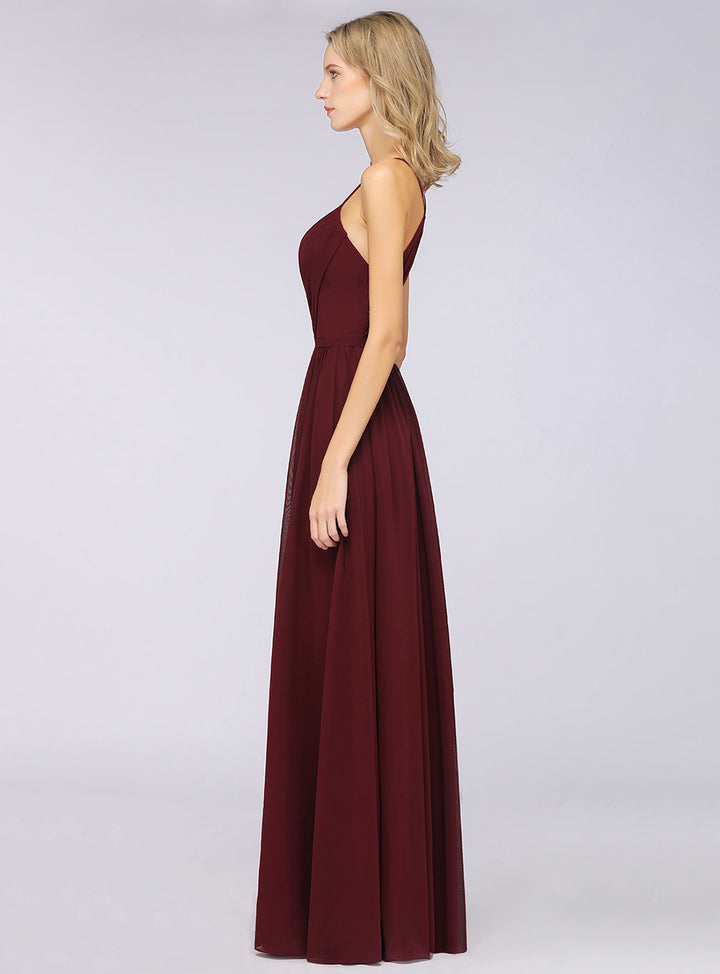 A-line Spaghetti Straps V-Neck Pleated Chiffon Floor-Length Dress Burgundy-koscy