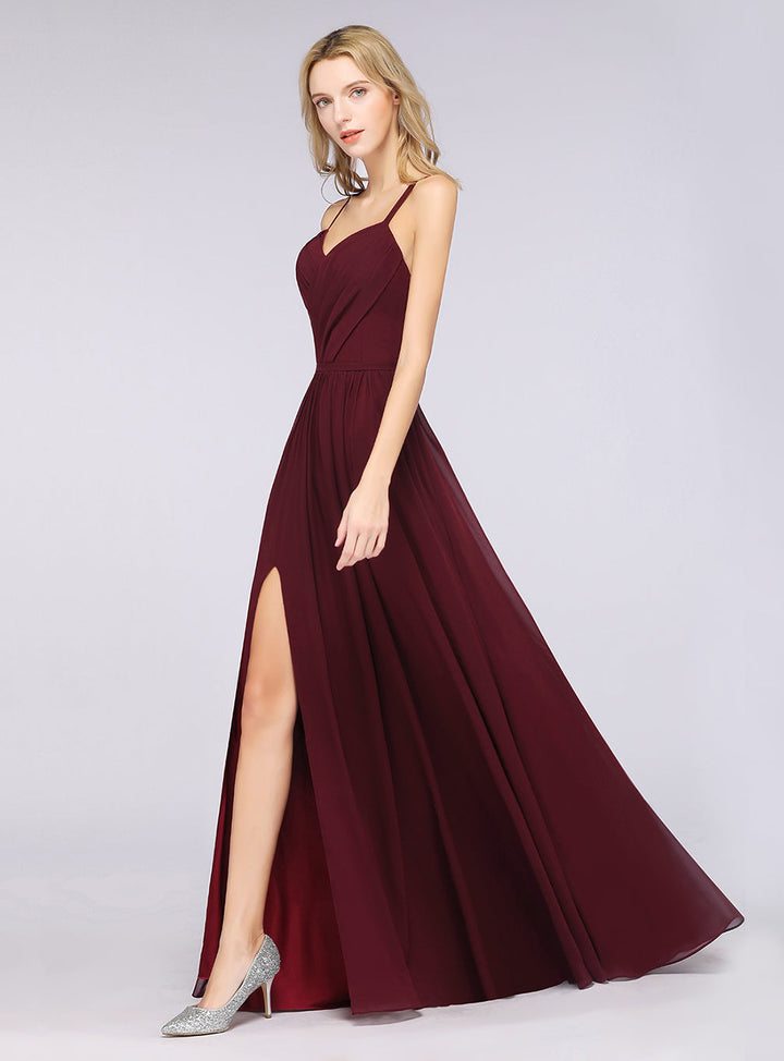 A-line Spaghetti Straps V-Neck Pleated Chiffon Floor-Length Dress Burgundy-koscy