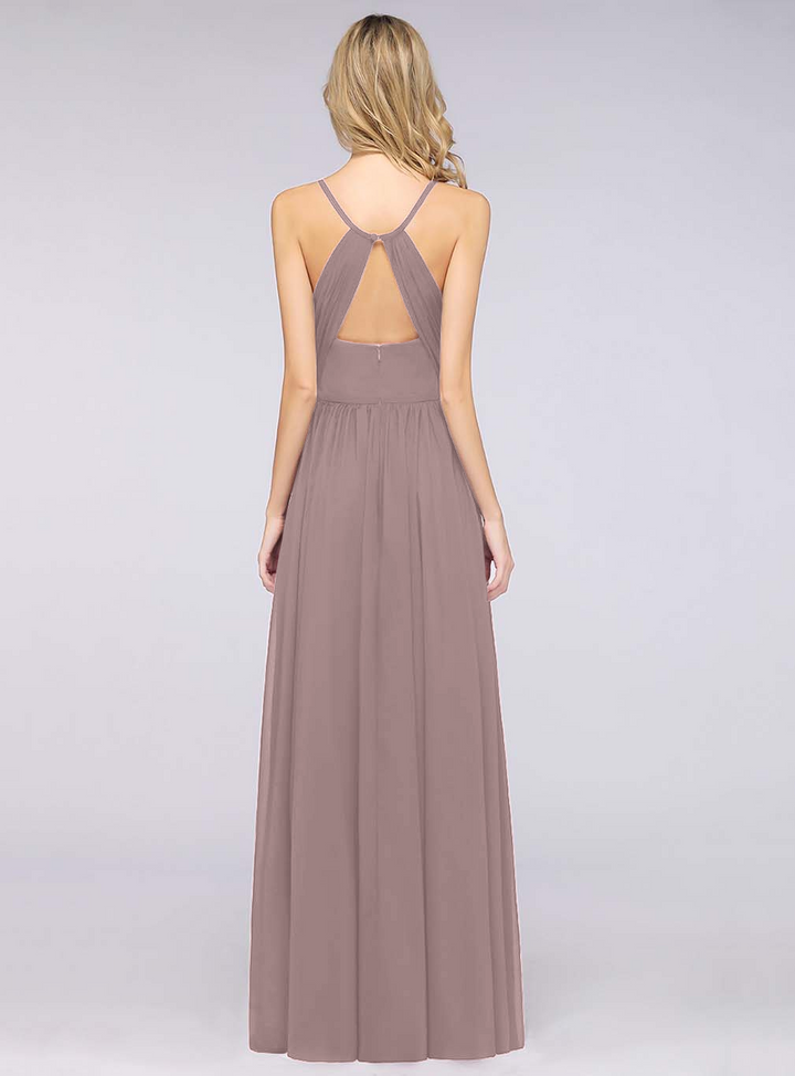 A-line Spaghetti Straps V-Neck Pleated Chiffon Floor-Length Dress Burgundy-koscy