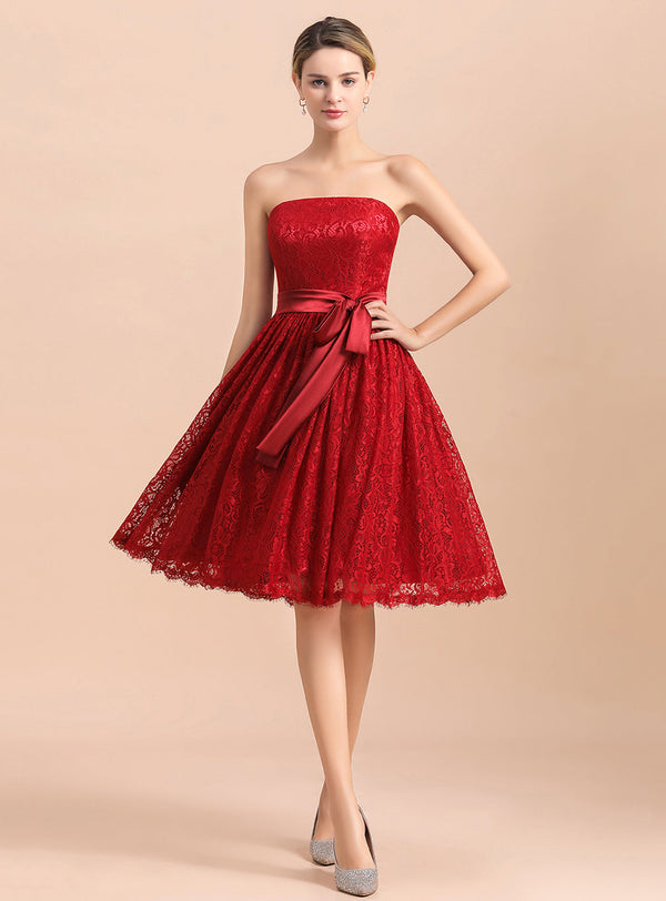 A-line Strapless Lace Knee-Length Dress Red-koscy