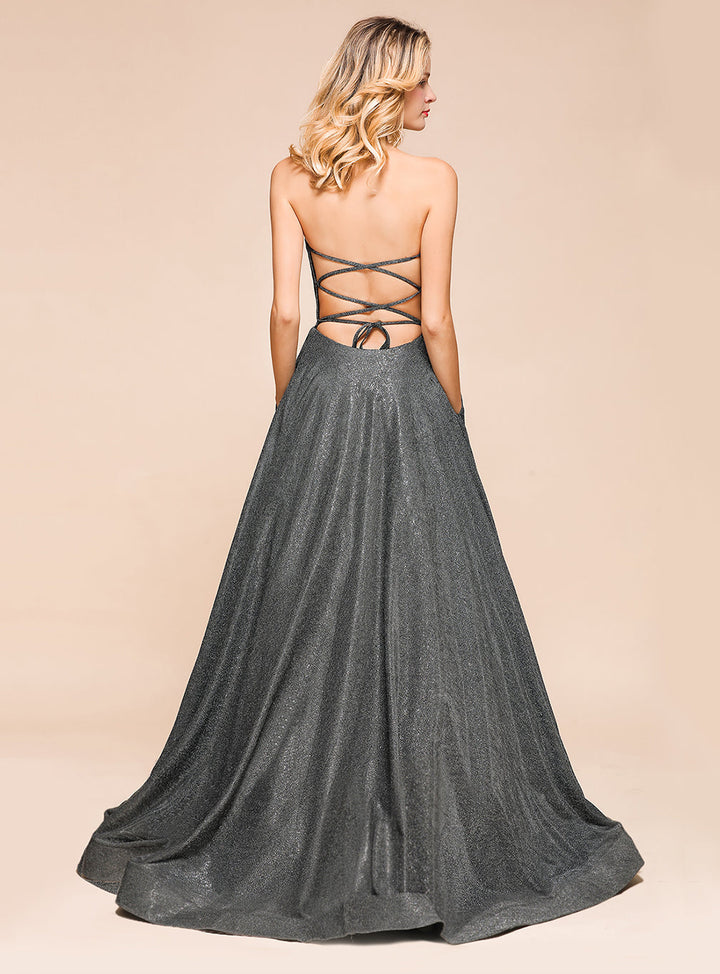 A-Line Strapless Sleeveless Slit Floor-Length Dress-koscy