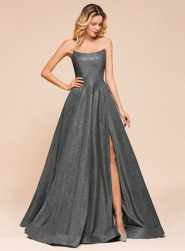 A-Line Strapless Sleeveless Slit Floor-Length Dress-koscy