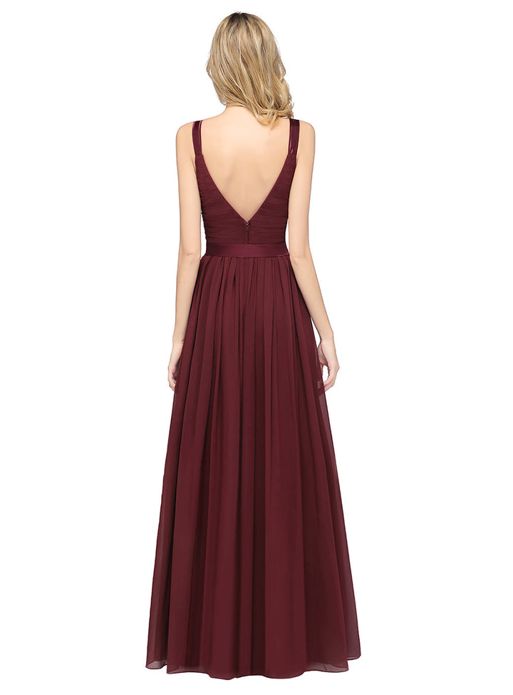 A-line Straps Chiffon Floor-Length Dress with Bow Sash-koscy