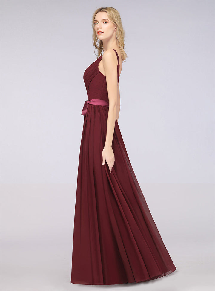 A-line Straps Chiffon Floor-Length Dress with Bow Sash-koscy