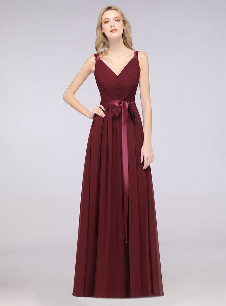 A-line Straps Chiffon Floor-Length Dress with Bow Sash-koscy