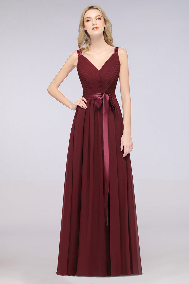 A-line Straps Chiffon Floor-Length Dress with Bow Sash-koscy