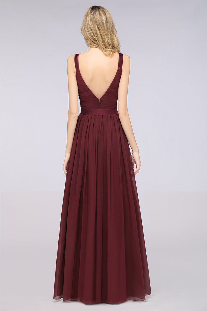 A-line Straps Chiffon Floor-Length Dress with Bow Sash-koscy