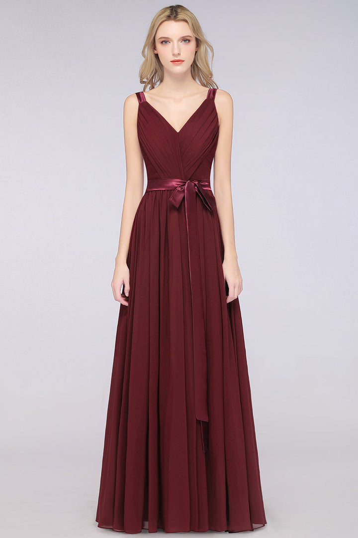 A-line Straps Chiffon Floor-Length Dress with Bow Sash-koscy